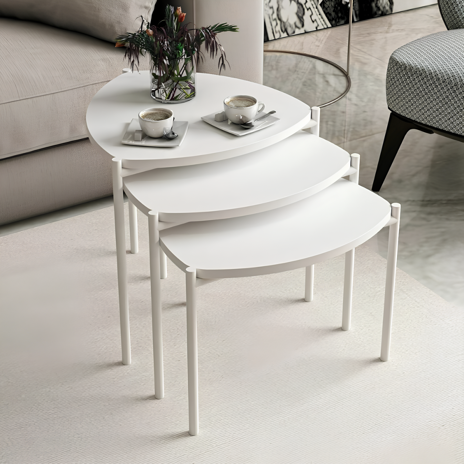 Set 3 pz tavolino da salotto struttura in metallo e piano in legno design moderno bianco - Lennim