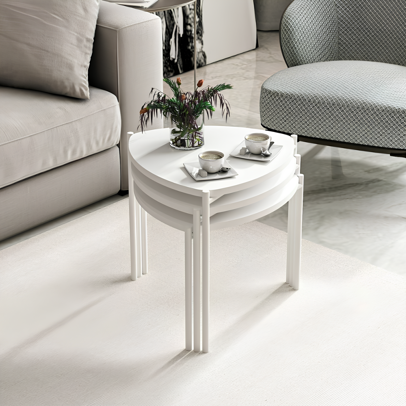 Set 3 pz tavolino da salotto struttura in metallo e piano in legno design moderno bianco - Lennim