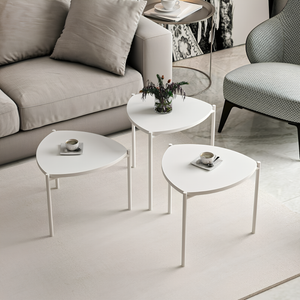 Set 3 pz tavolino da salotto struttura in metallo e piano in legno design moderno bianco - Lennim