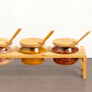 Set 4 barattoli porta spezie in vetro e bamboo con supporto in bamboo - Nami