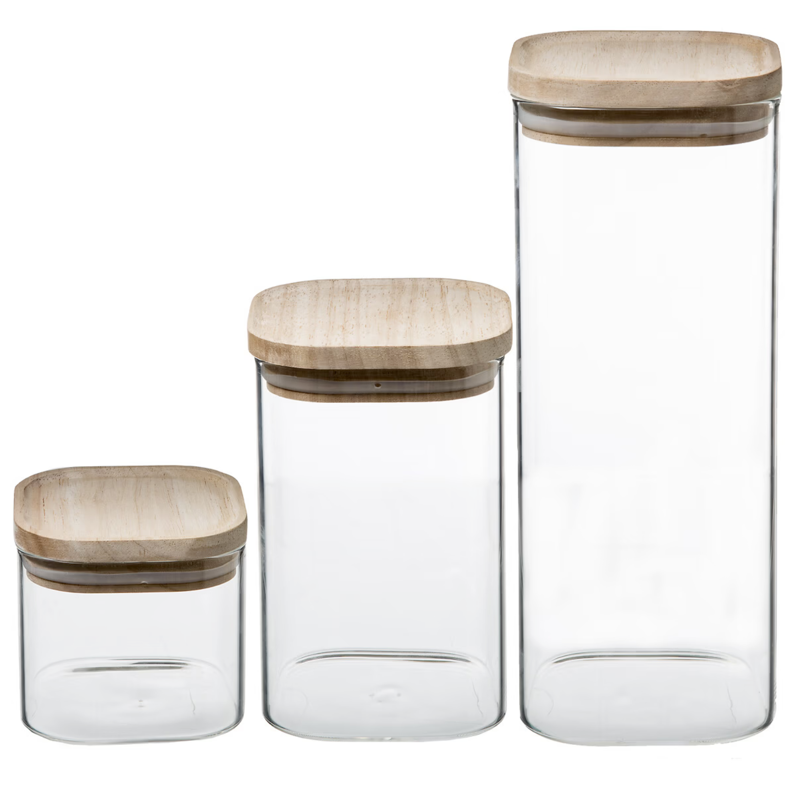 Set 3 barattoli contenitore da cucina in vetro impilabili con coperchio in legno