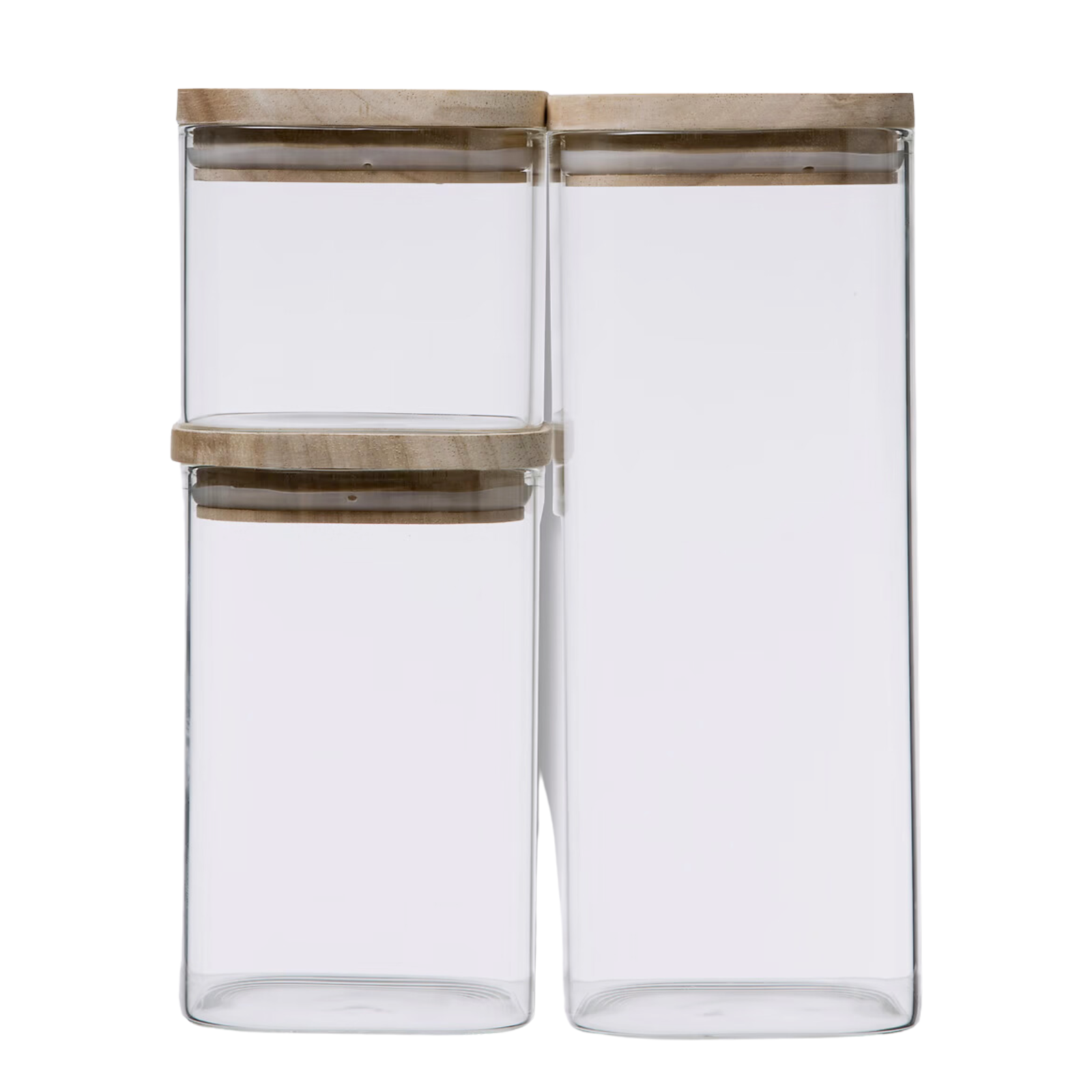 Set 3 barattoli contenitore da cucina in vetro impilabili con coperchio in legno