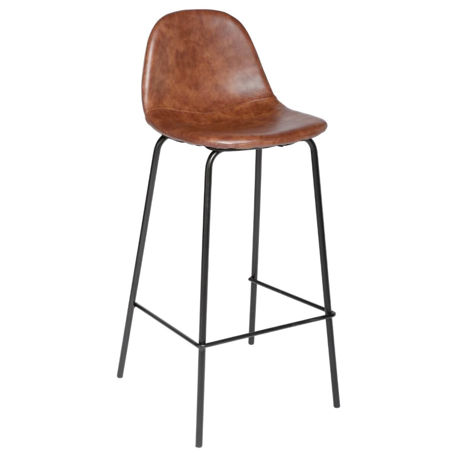 Sgabello alto da cucina o bar con seduta e schienale in pelle e struttura in metallo