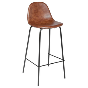 Sgabello alto da cucina o bar con seduta e schienale in pelle e struttura in metallo