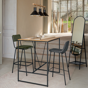 Sgabello alto da cucina o bar con seduta e schienale in pelle e struttura in metallo