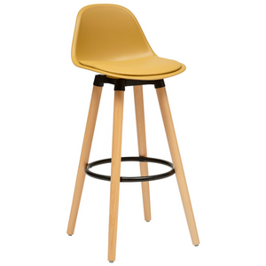 Sgabello alto da cucina o bar design moderno con gambe in legno e poggiapiedi in metallo seduta e schienale imbottito in PU