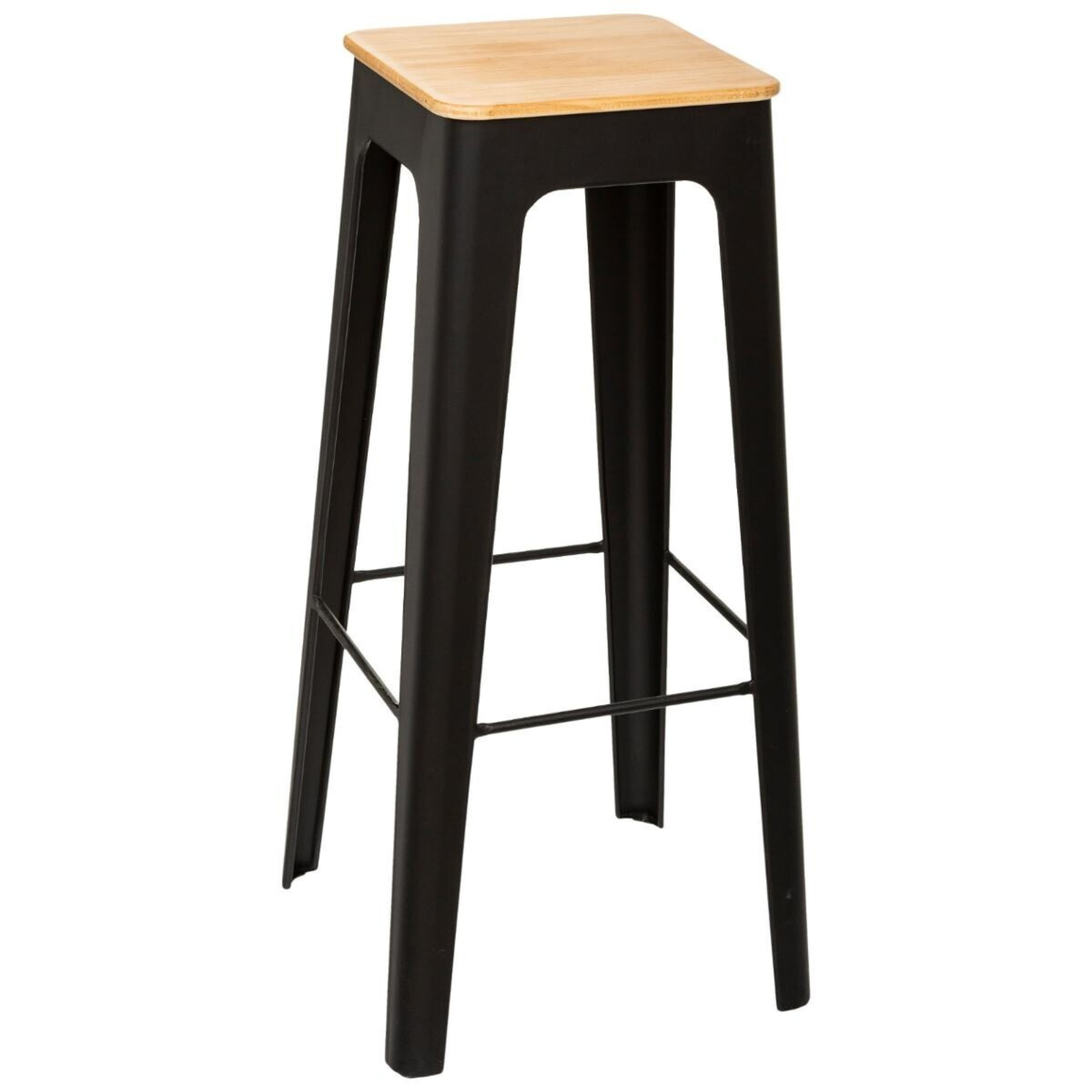 Sgabello da bar o cucina "Lota" design moderno nero struttura in acciaio e seduta in legno H 80cm
