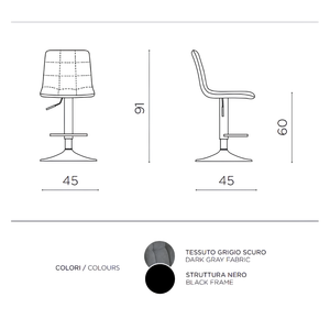 Sgabello moderno girevole in tessuto grigio scuro imbottito con struttura in metallo - Katerine