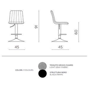 Sgabello moderno girevole in tessuto grigio chiaro imbottito con struttura in metallo - Kole