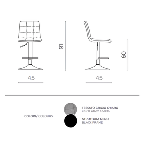 Sgabello moderno girevole in tessuto grigio chiaro imbottito con struttura in metallo - Katerine
