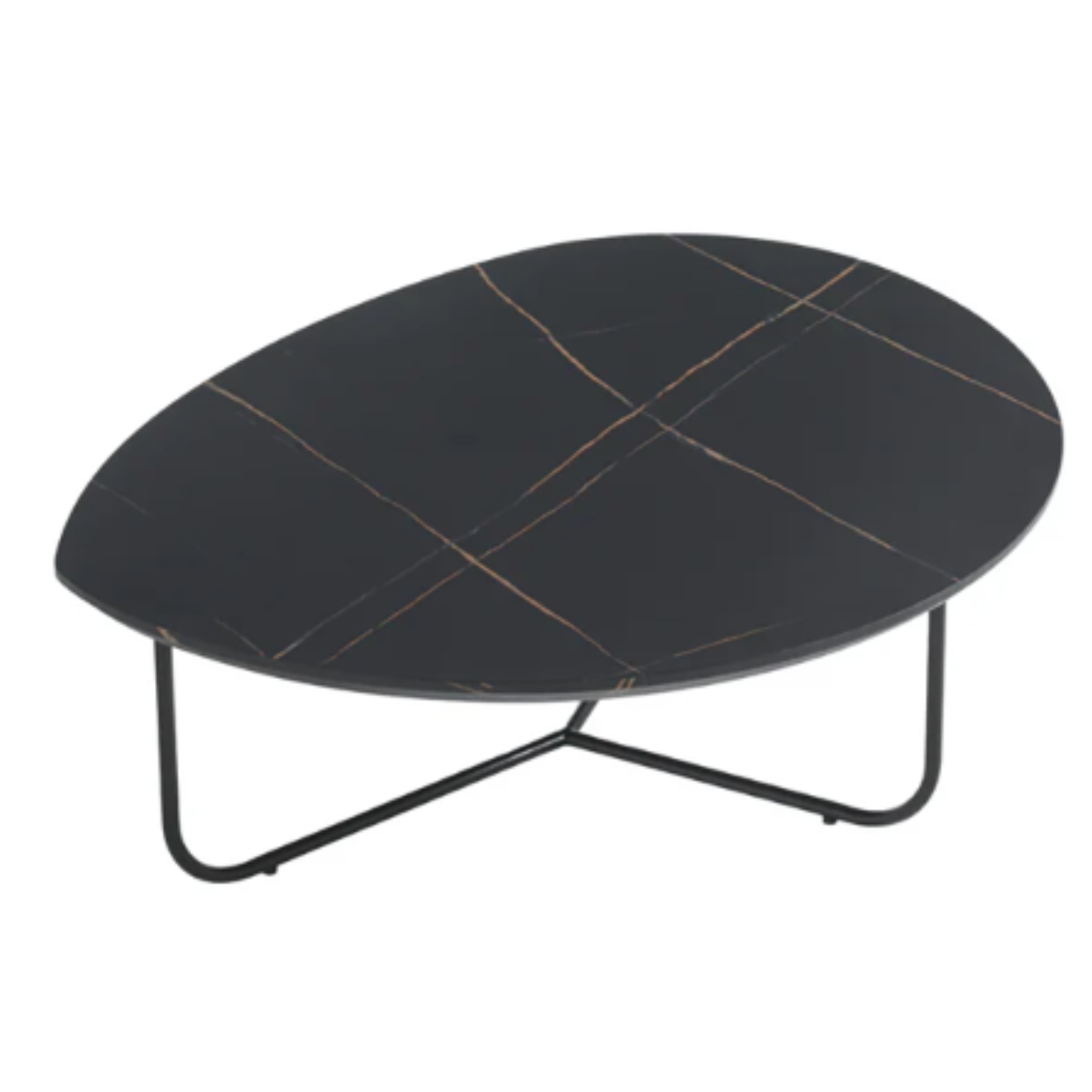 Tavolino da salotto con piano sagomato effetto marmo nero e struttura in metallo nero - Oja