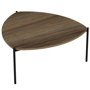 Tavolino da salotto ovale con struttura in metallo con 3 gambe e ripiano in truciolare rivestito