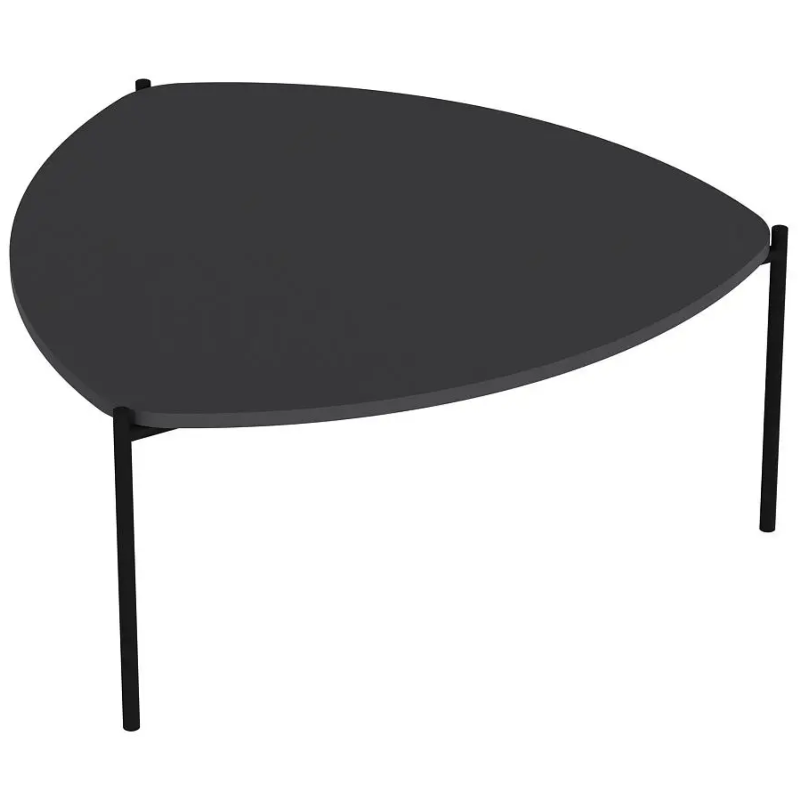 Tavolino da salotto ovale con struttura in metallo con 3 gambe e ripiano in truciolare rivestito