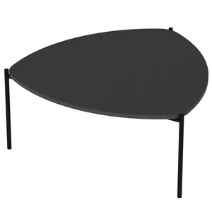 Tavolino da salotto ovale con struttura in metallo con 3 gambe e ripiano in truciolare rivestito