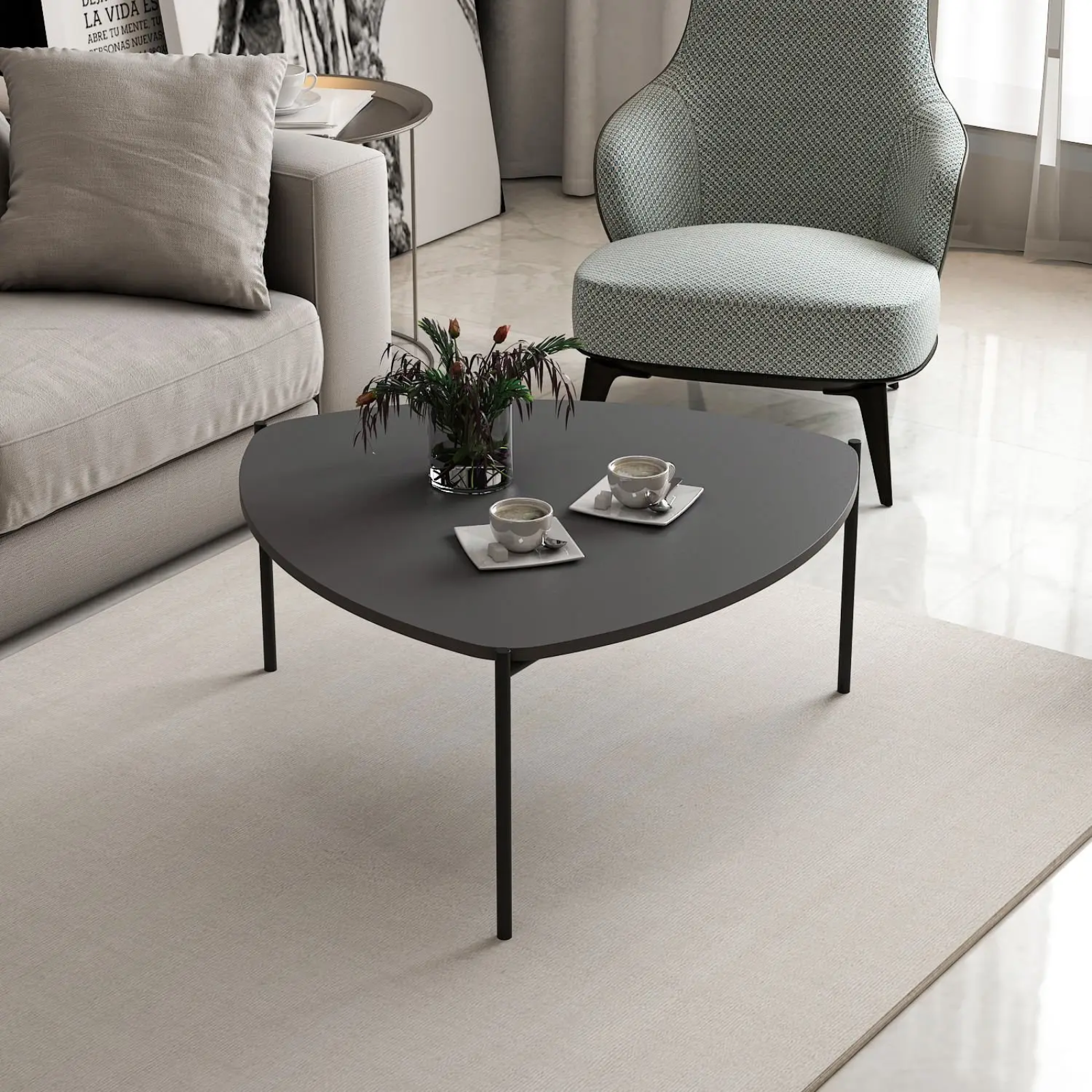 Tavolino da salotto ovale con struttura in metallo con 3 gambe e ripiano in truciolare rivestito