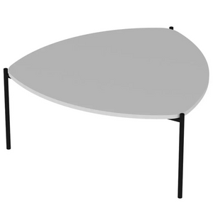 Tavolino da salotto ovale con struttura in metallo con 3 gambe e ripiano in truciolare rivestito