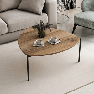 Tavolino da salotto ovale con struttura in metallo con 3 gambe e ripiano in truciolare rivestito