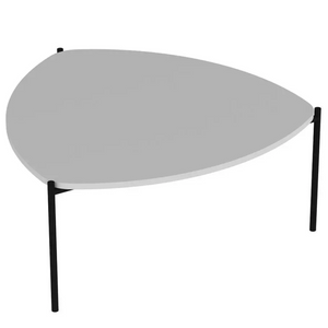 Tavolino da salotto ovale con struttura in metallo con 3 gambe e ripiano in truciolare rivestito