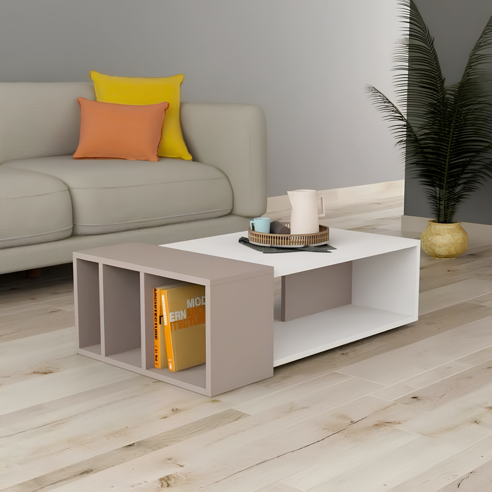 Tavolino da salotto "Anyta" design moderno 4 vani a giorno rettangolare tortora e bianco