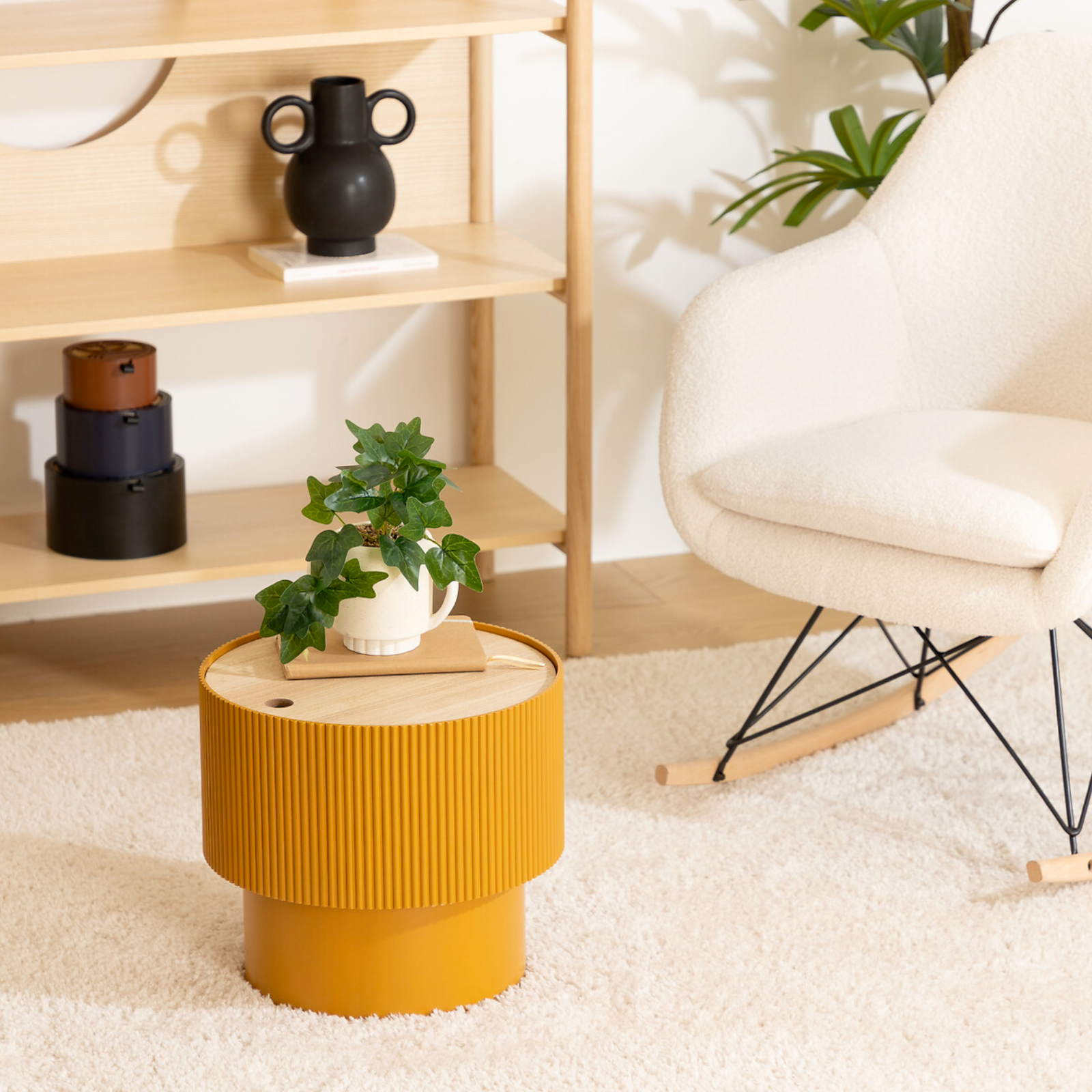 Tavolino da salotto contenitore "Eny" rotondo in fibra di legno con coperchio rimovibile