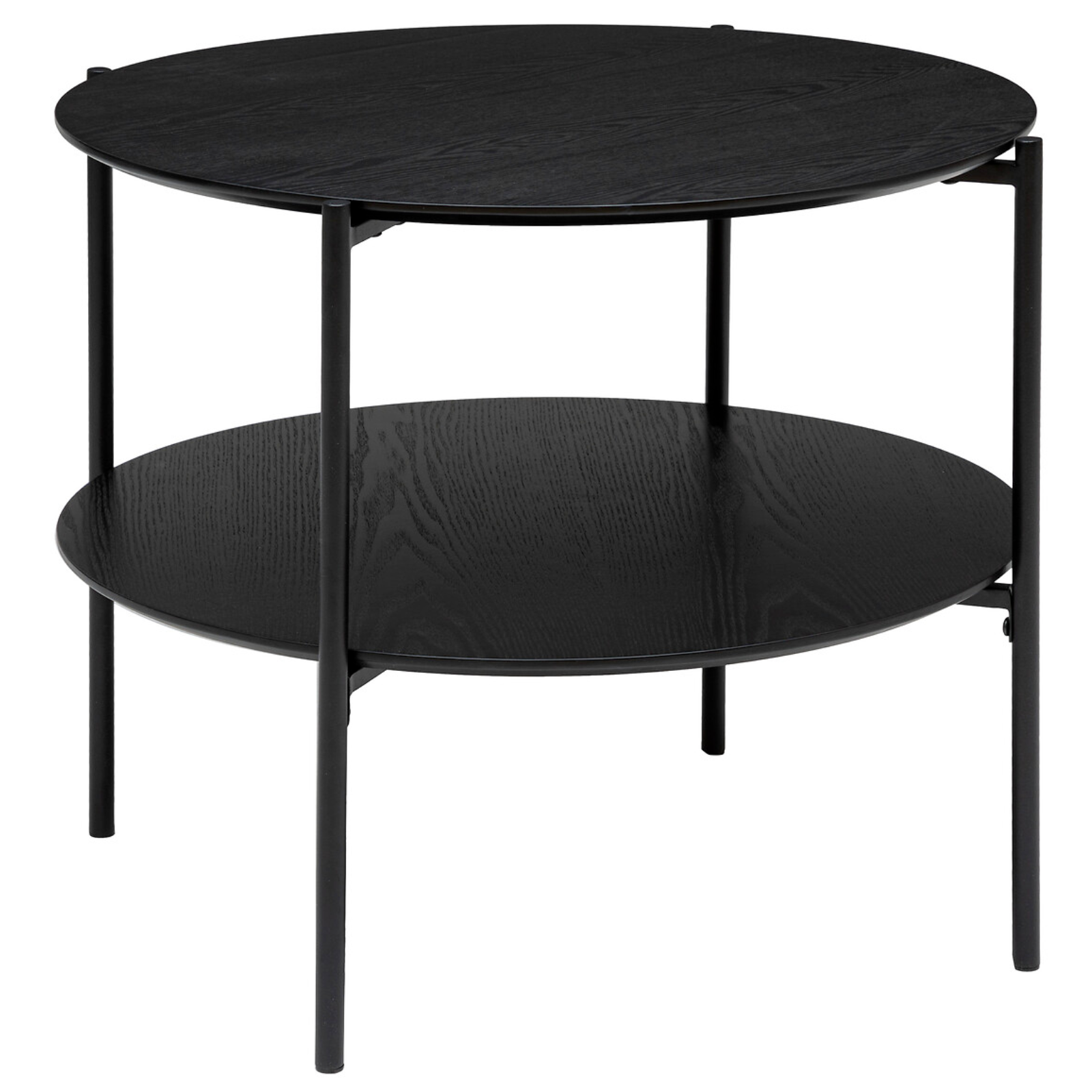 Tavolino da salotto con struttura in metallo e doppio ripiano in legno nero rotondo