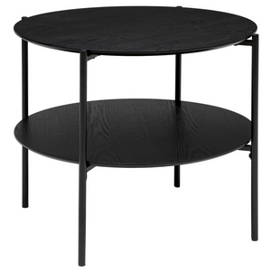 Tavolino da salotto con struttura in metallo e doppio ripiano in legno nero rotondo