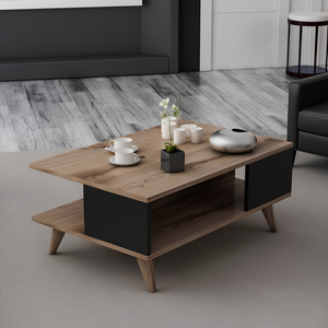 Tavolino da salotto design moderno 2 ripiani noce e antracite in legno - Lyon