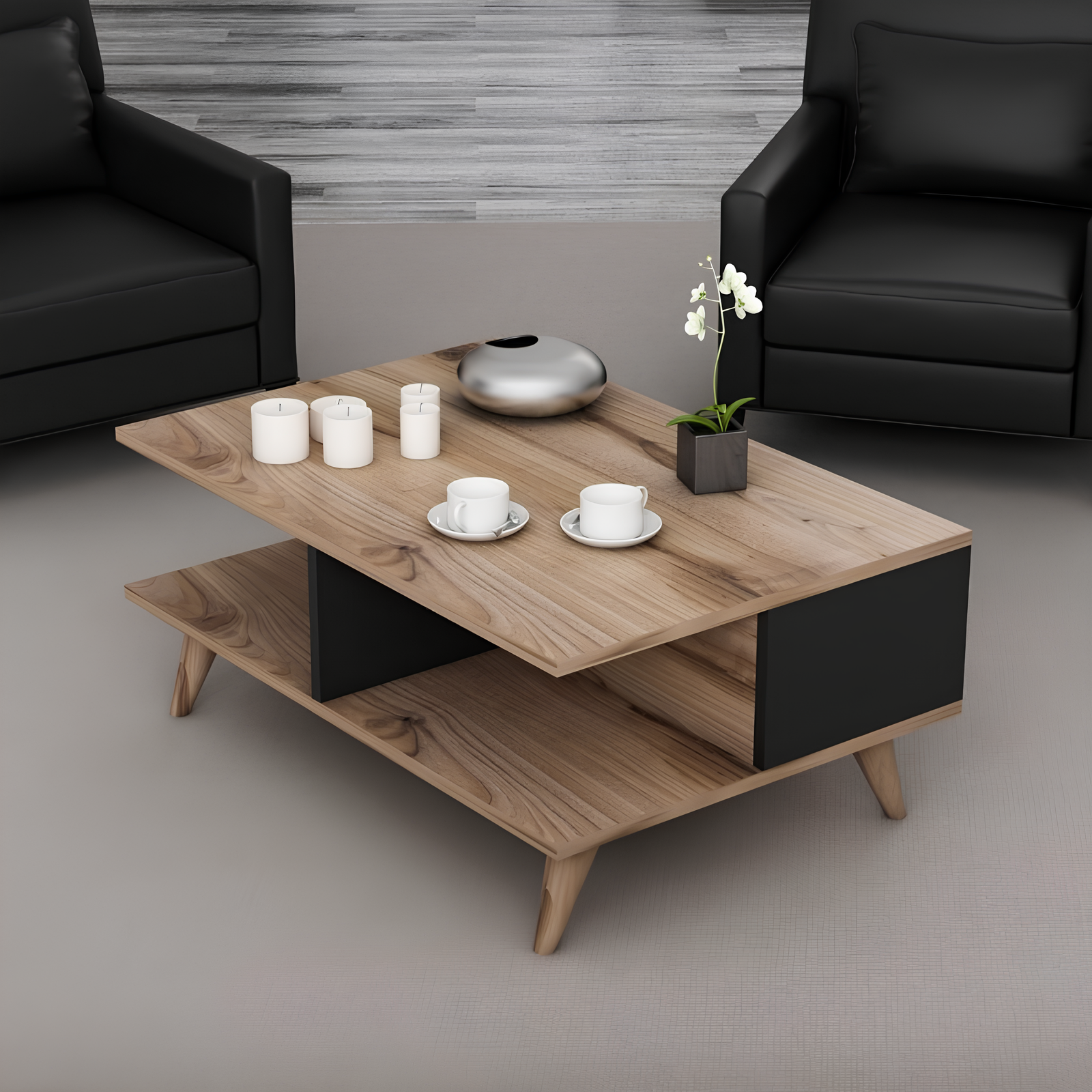Tavolino da salotto design moderno 2 ripiani noce e antracite in legno - Lyon