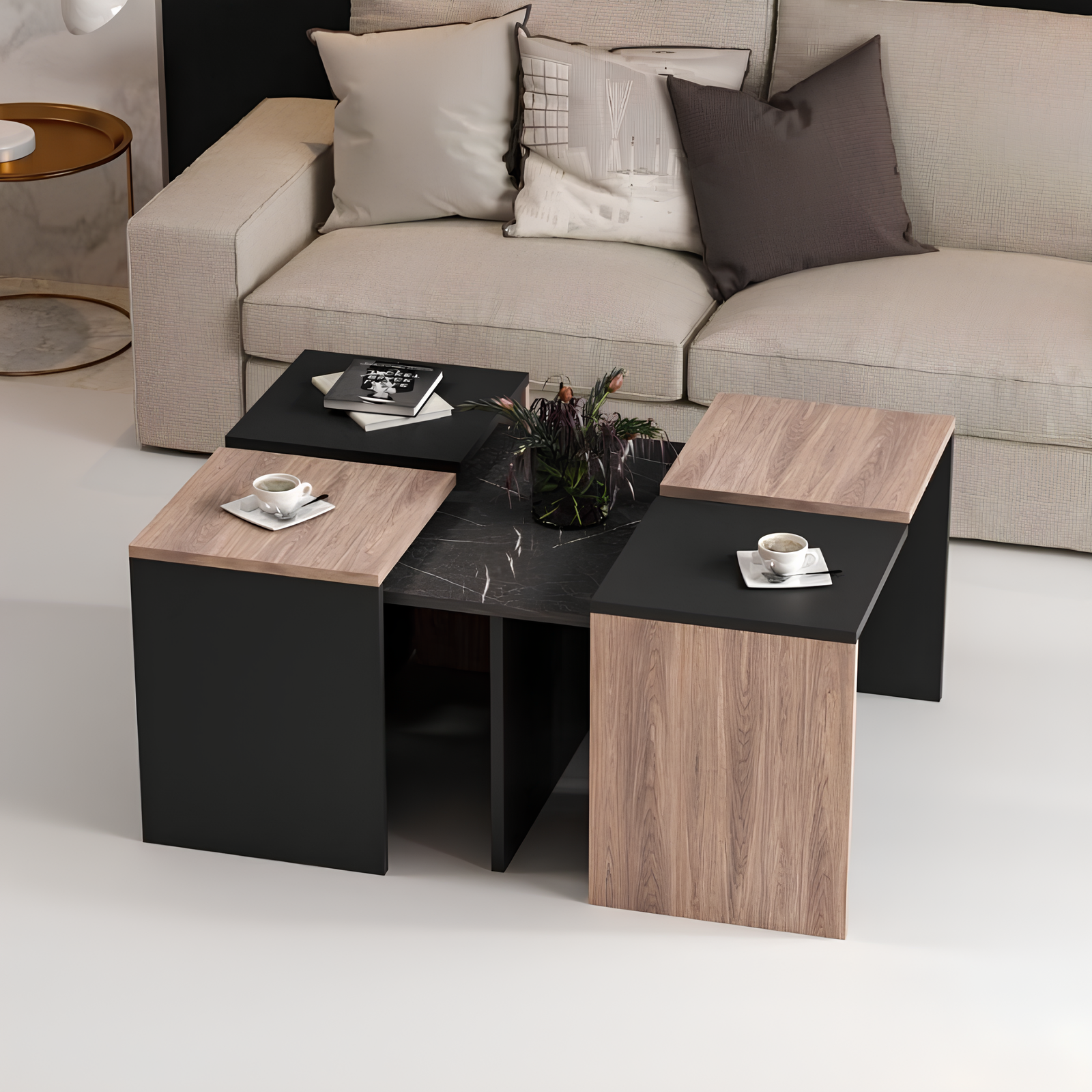 Tavolino da salotto 5 elementi design moderno color noce e antracite - Owen