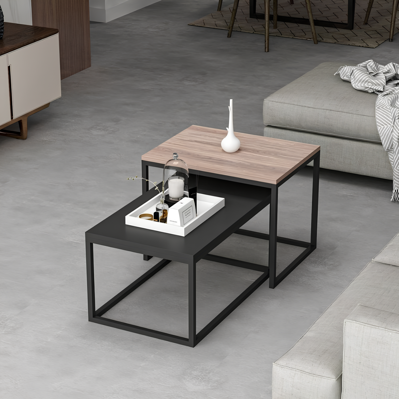 Tavolino da salotto Set 2pz design moderno in metallo e legno color noce e antracite - Leki