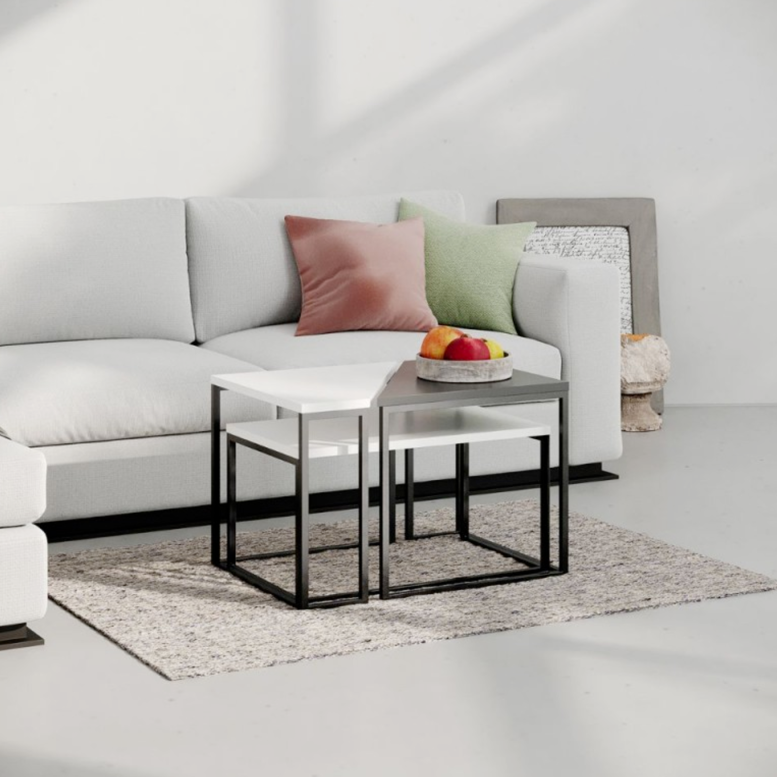 Tavolino da salotto set 3 pezzi in metallo e legno rivestito