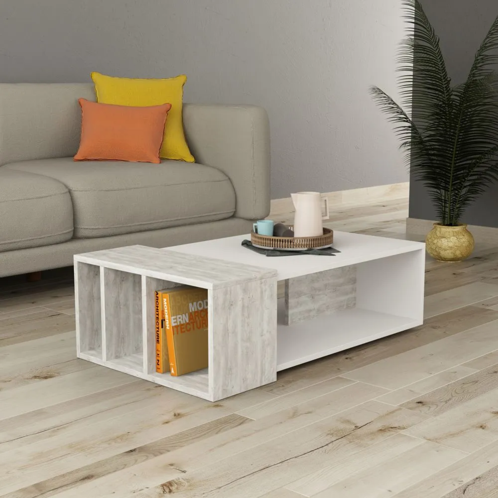 Tavolino da salotto design moderno rettangolare in legno con 4 vani a giorno bianco