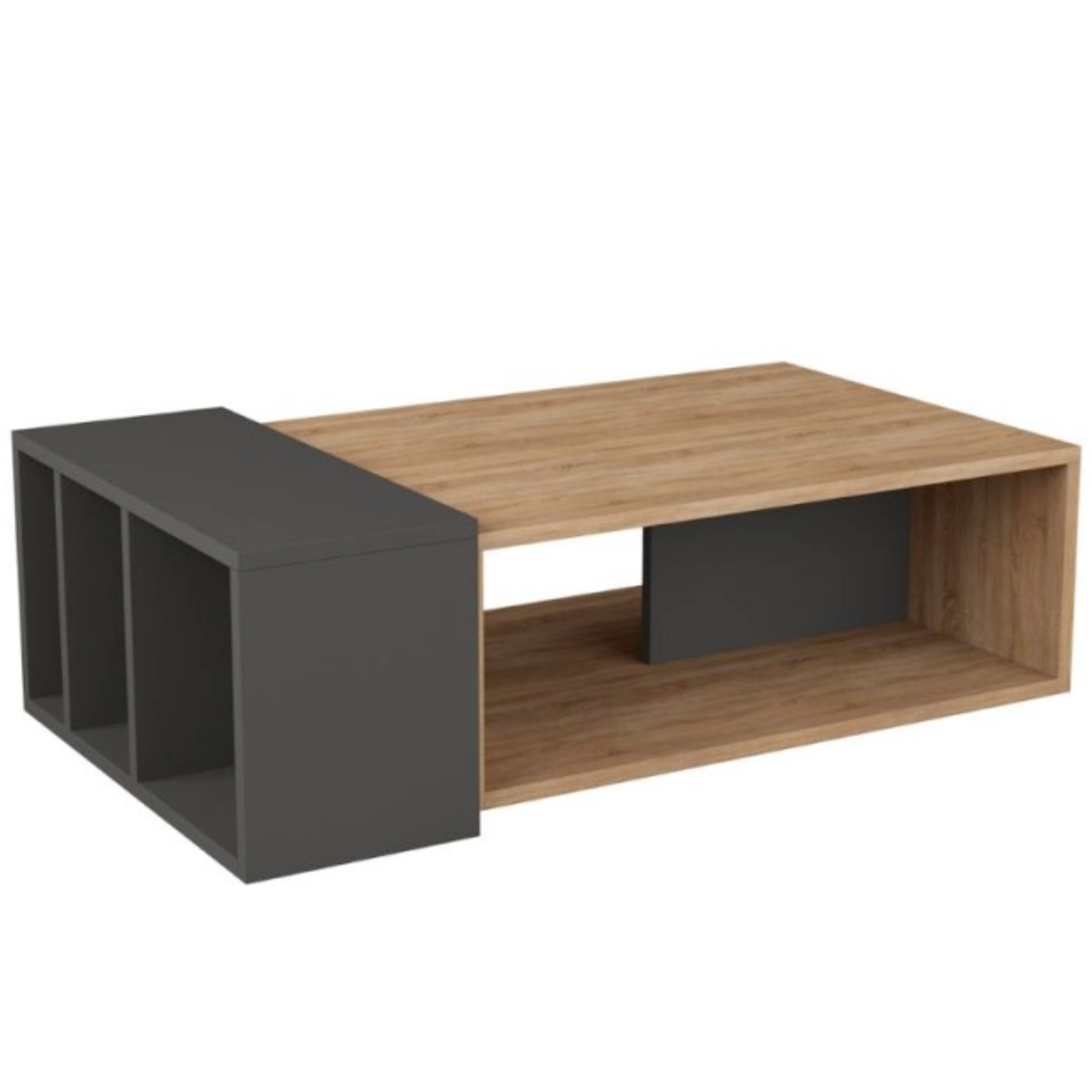 Tavolino da salotto in legno rettangolare design moderno con 4 vani a giorno color rovere e antracite