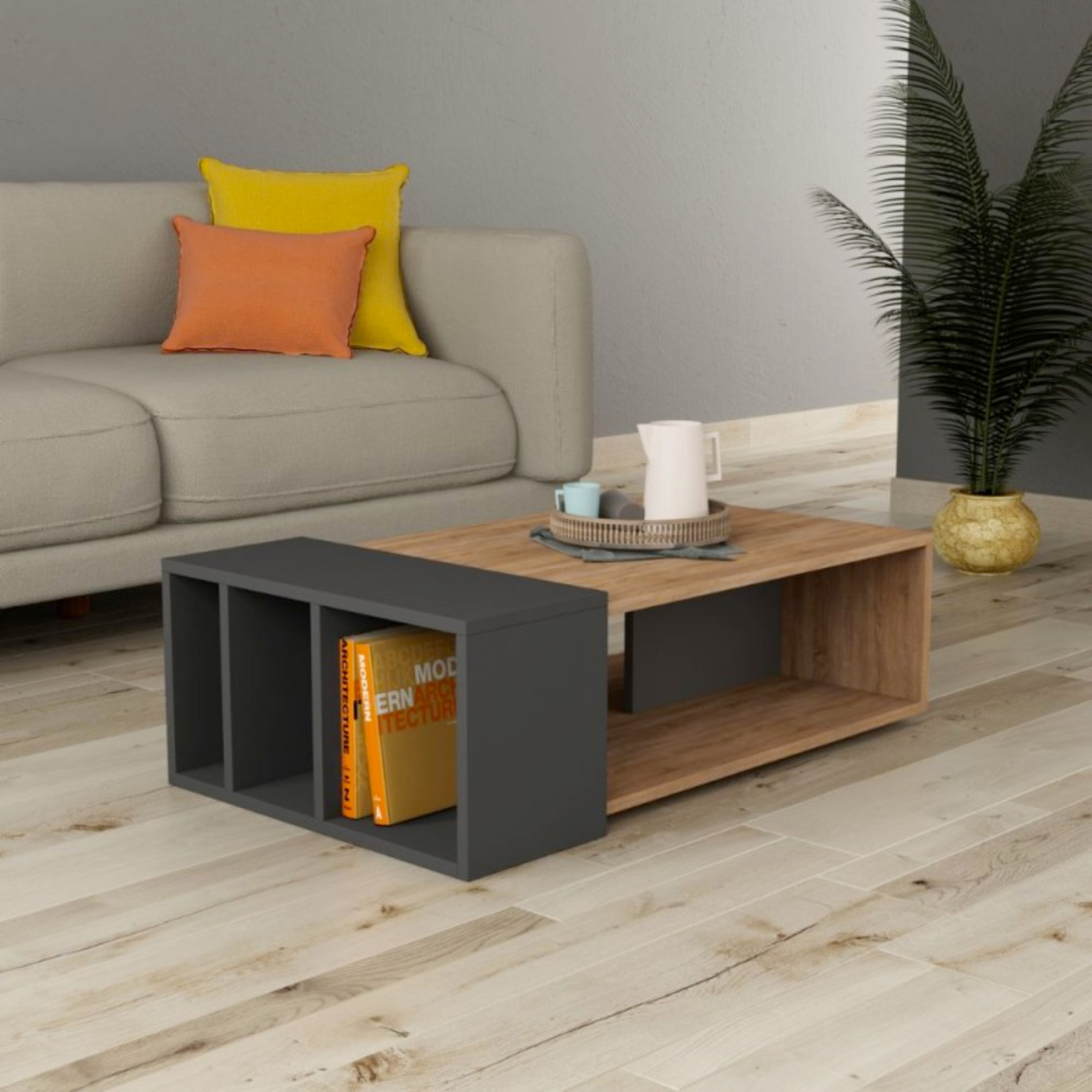 Tavolino da salotto in legno rettangolare design moderno con 4 vani a giorno color rovere e antracite