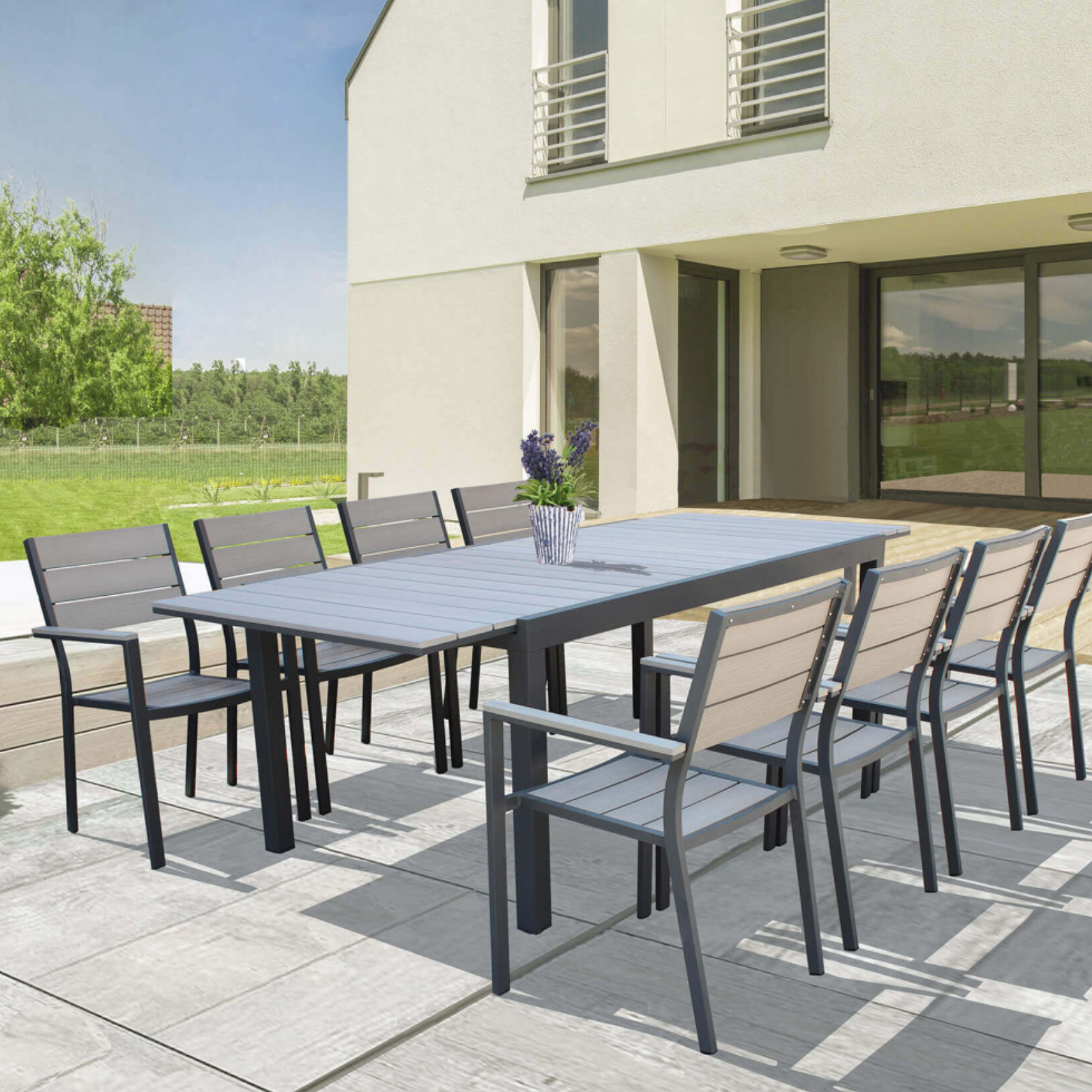 Tavolo allungabile rettangolare da esterno struttura antracite in alluminio e piano in polywood grigio- Penta