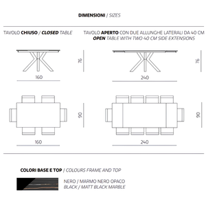 Tavolo allungabile 160/240x76 piano in grès procellanato effetto marmo nero opaco e base in metallo - Jacki