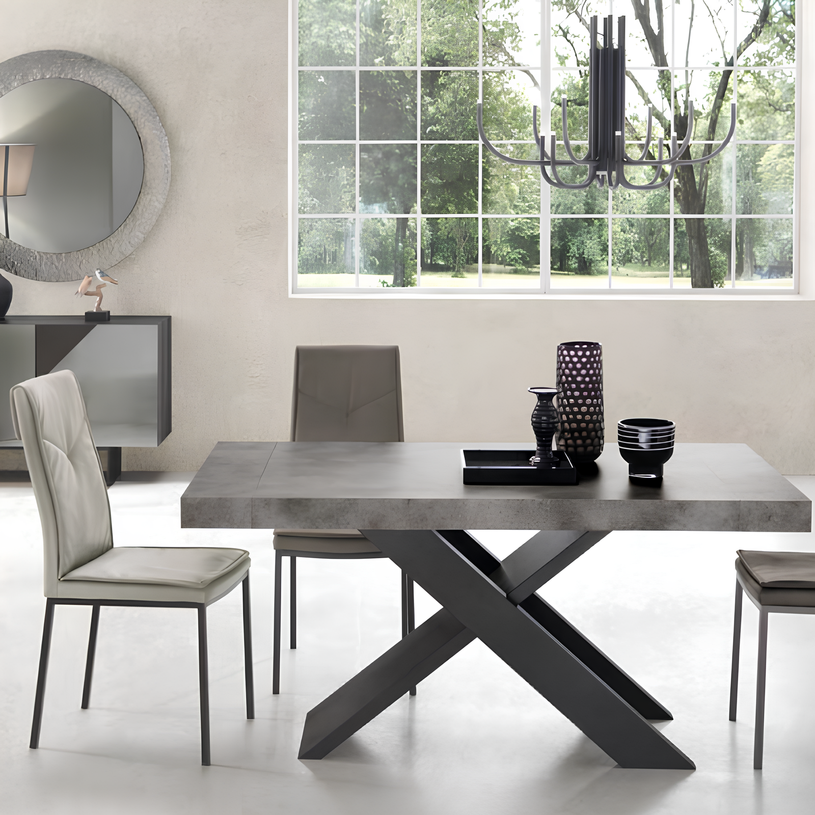 Tavolo da pranzo allungabile 160/260x76h piano in laminato cemento effetto legno con base in metallo nero - Lyra
