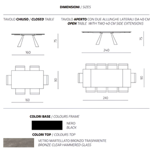 Tavolo da pranzo allungabile 160/240x75h con piano in vetro martellato e base in metallo - Caden