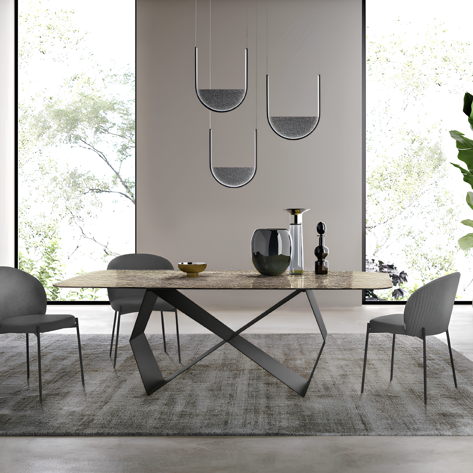 Tavolo da pranzo 210x75h con piano in vetro martellato e base in metallo nero - Zenith
