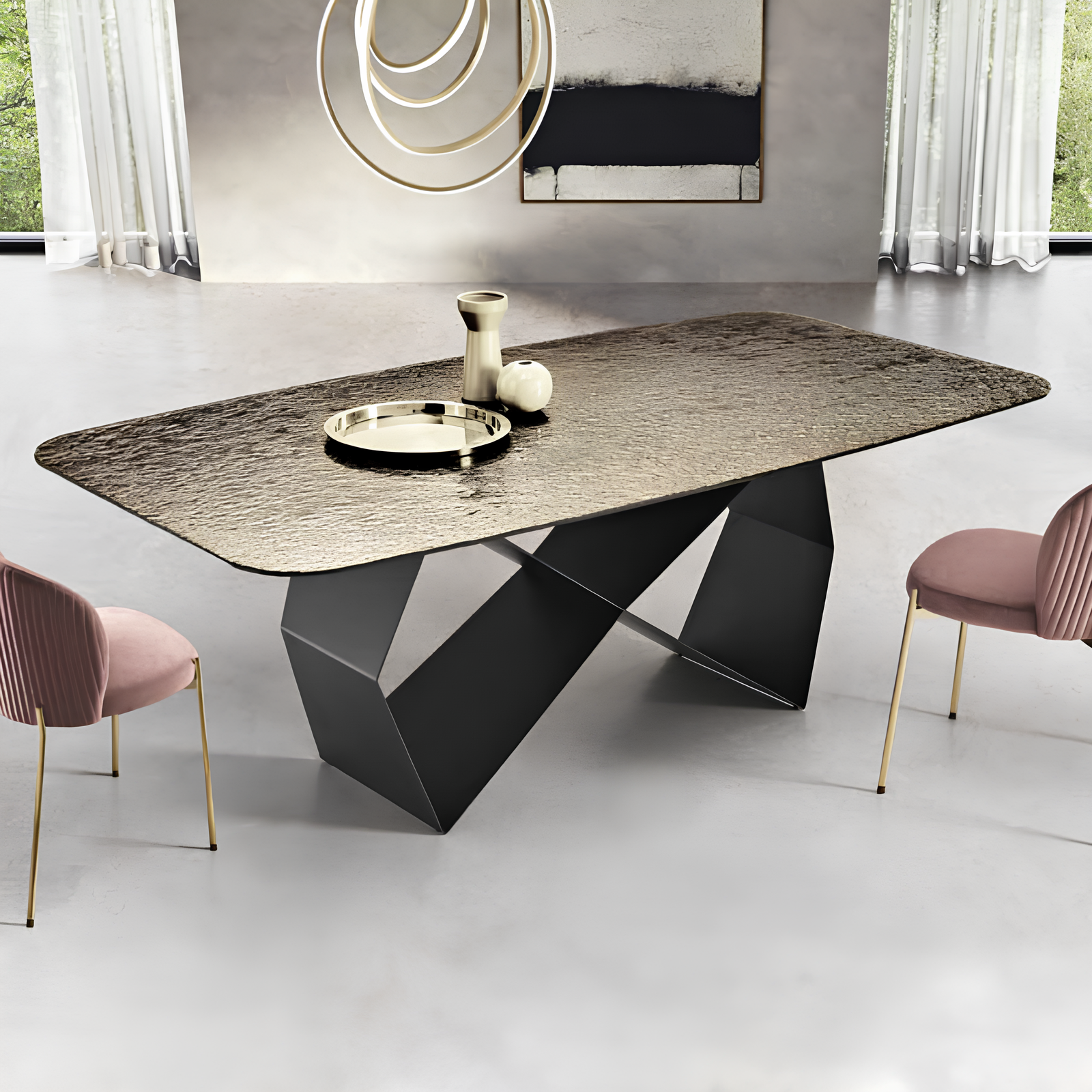 Tavolo da pranzo 210x75h con piano in vetro martellato e base in metallo nero - Zenith