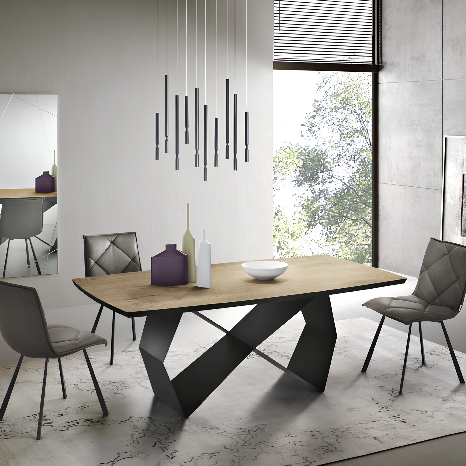 Tavolo da pranzo 200x75h piano in rovere impiallacciato e base in metallo color nero - Arcad