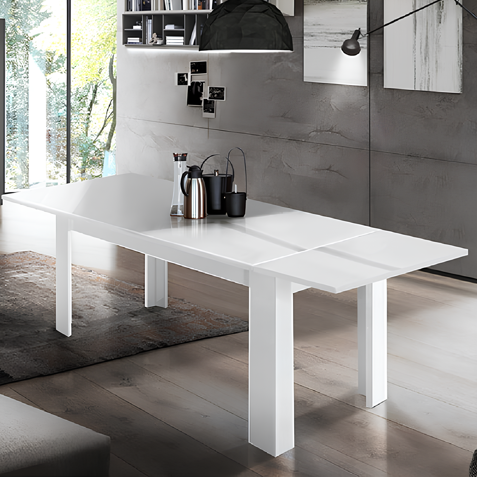 Tavolo allungabile con prolunghe design moderno in legno Bianco lucido 140/190 cm - Jesim