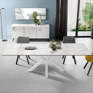 Tavolo allungabile 160/240x76 piano in grès procellanato effetto marmo bianco lucido e base in metallo - Jacki