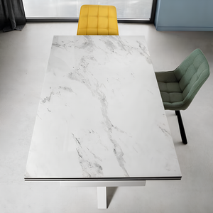 Tavolo allungabile 160/240x76 piano in grès procellanato effetto marmo bianco lucido e base in metallo - Jacki