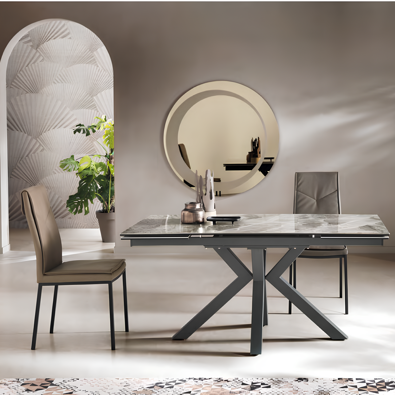 Tavolo allungabile 160/240x76 piano in grès procellanato effetto marmo grigio lucido e base in metallo - Jacki