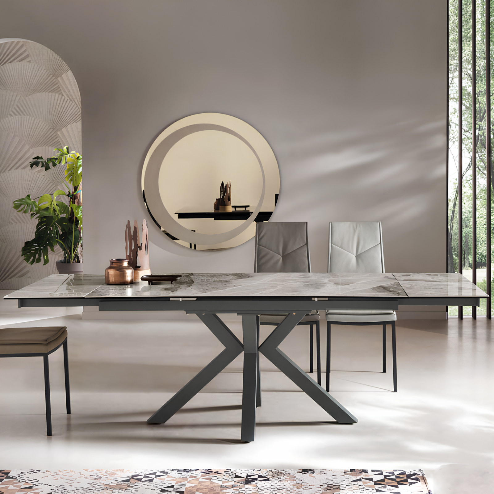 Tavolo allungabile 160/240x76 piano in grès procellanato effetto marmo grigio lucido e base in metallo - Jacki
