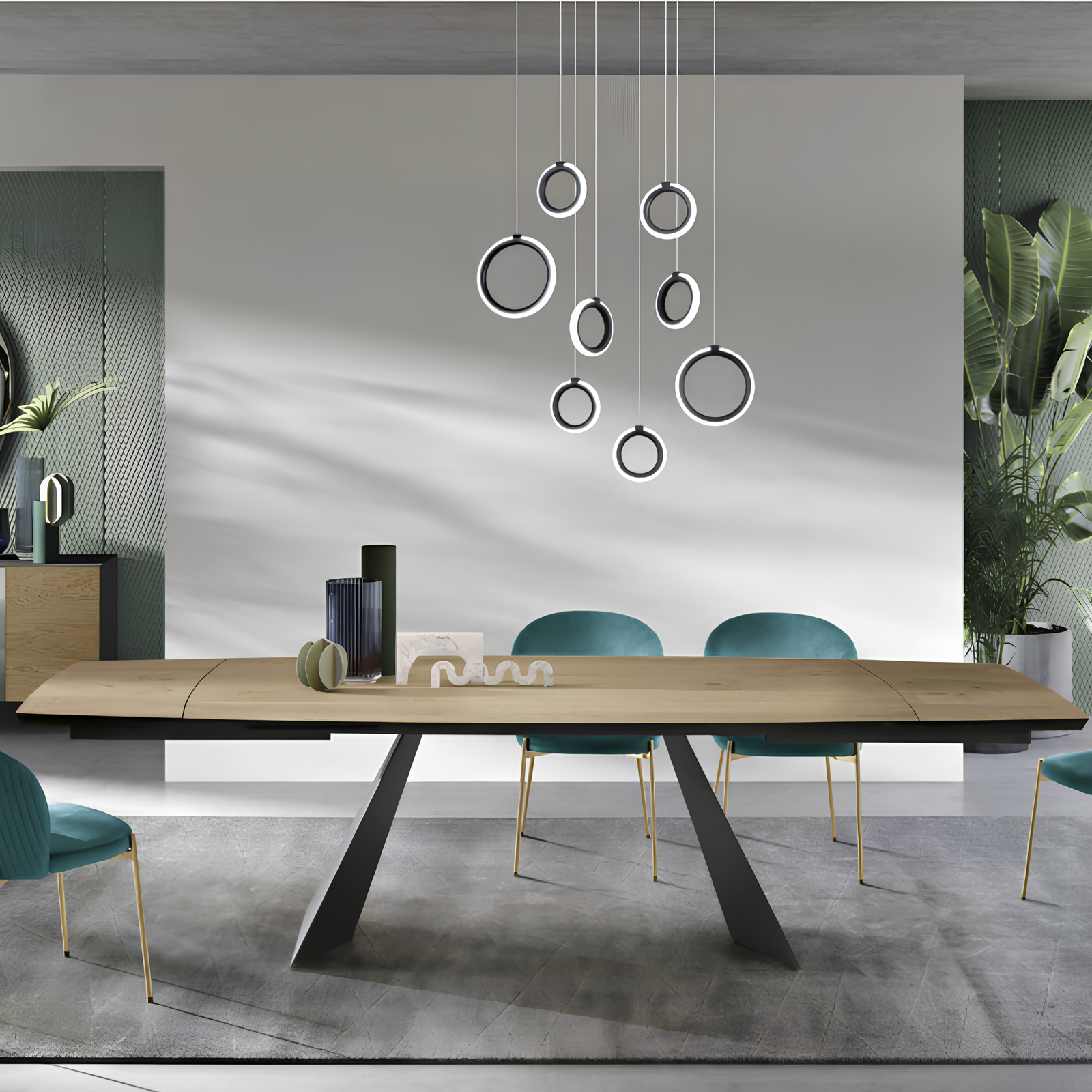 Tavolo da pranzo allungabile rettangolare con base in metallo e piano in rovere impiallacciato - Elix