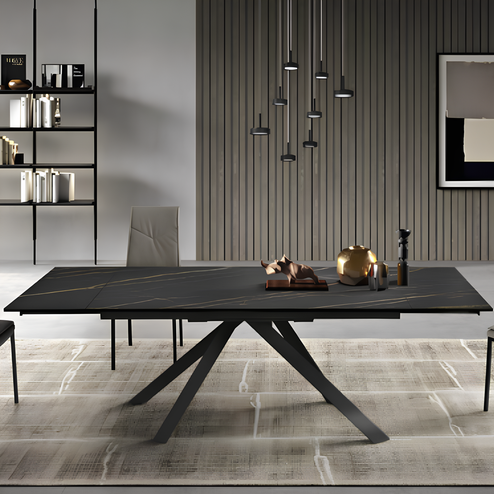 Tavolo da pranzo allungabile 160/240x76h piano in grès porcellato effetto marmo nero opaco e base in metallo nero - Astra
