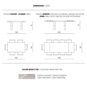 Tavolo allungabile da pranzo 160/260x76h in laminato grigio gessato effetto legno con allunghe laterali - Lumina