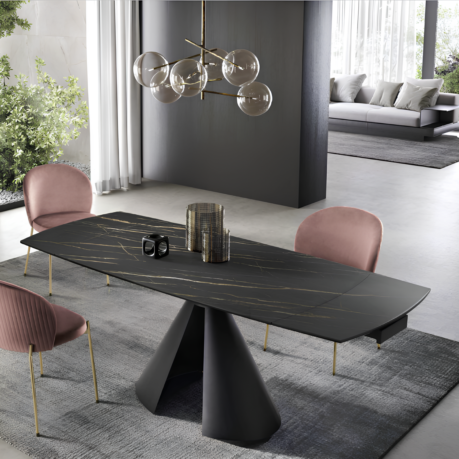 Tavolo da pranzo allungabile 140/200x76h piano in grès porcellanato effetto marmo nero opaco e base in metallo nero - Meridì
